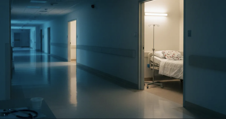 dark hospital hallway showing rooms with open doors